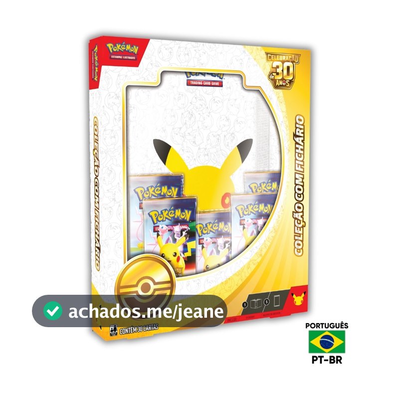 BOX COM FICHÁRIO PORTUGUÊS COLEÇÃO CELEBRAÇÃO 30 ANOS POKÉMON TCG BOOSTER CARTA CARD PASTA PT-BR