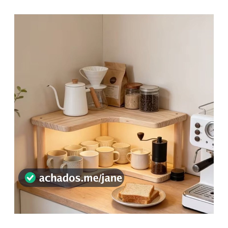 Prateleira de Canto 2 Andares em Madeira Organizador para Cozinha Cantinho do Café Bancada Multiuso Decorativa