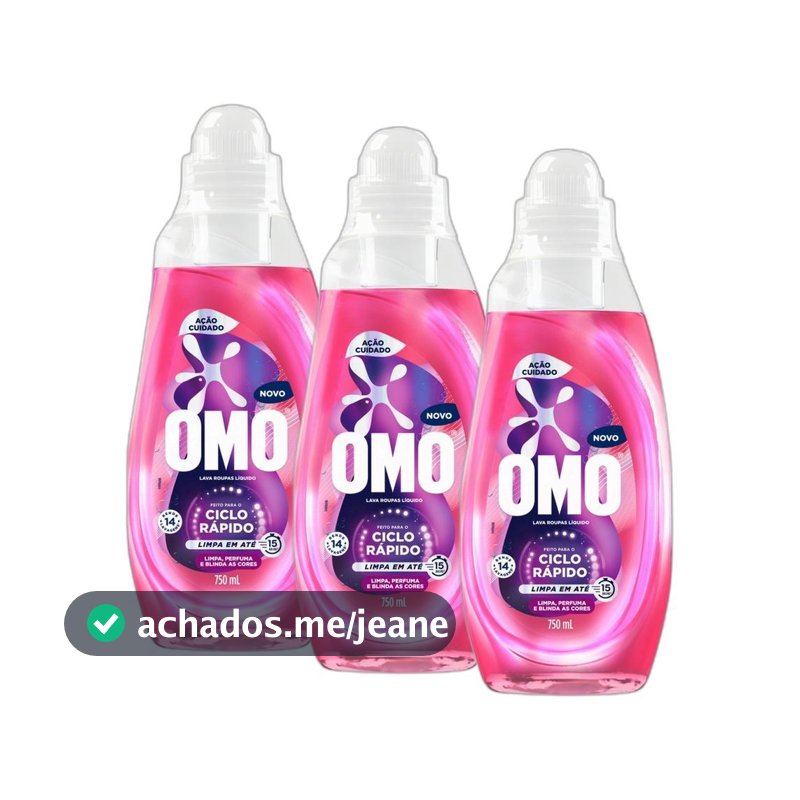 Kit 3 Lava-Roupas Líquido Omo Ciclo Rápido Ação Cuidado Frasco 750ml cada