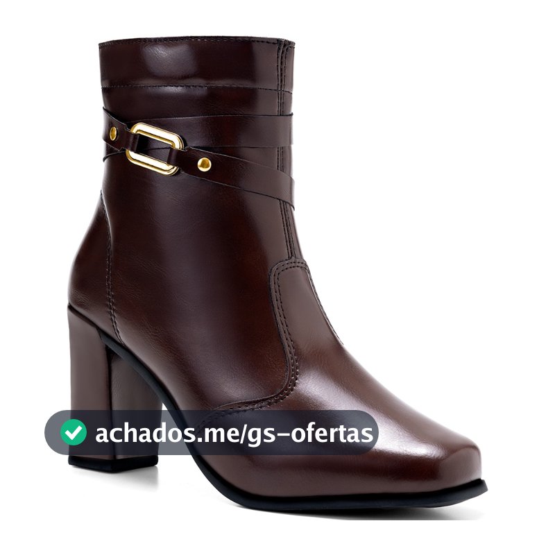 Bota Feminina Lumiss Cano Curto Salto Alto Bloco Bico Quadrado Passante Fivela Metálica