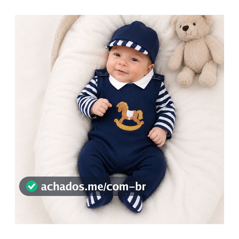 Conjunto Roupa de Bebê Menino Macacão Body Manga Longa Poney Kit 3 Peças