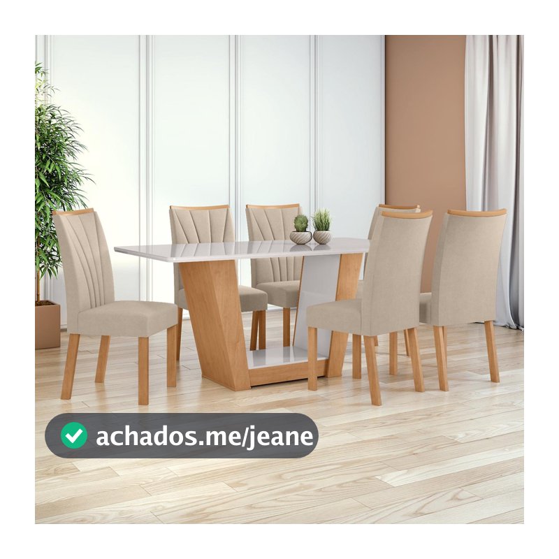 Mesa 1,70 Apogeu com Vidro e 6 cadeiras.Apogeu Veludo Naturale Creme Amêndoa Clean/Off White