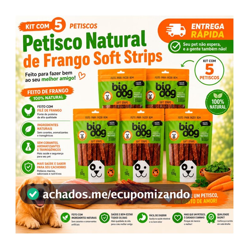 Kit 5 Bifinho Petisco Natural Snack Biscoito Cães Biodog Mordedor Gourmet Soft Strips Frango