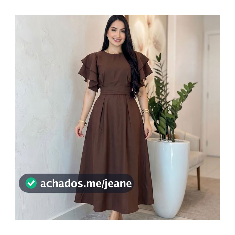 Vestido Feminino Longo Marrom Escuro em Tecido cencorial marant com Mangas de Babados Envio Imediato