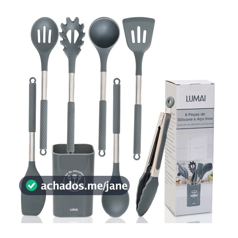 Lumai Kit Utensílios de Cozinha Berlim de Silicone Aço Inox Grande Colheres Espátulas Concha Pegador
