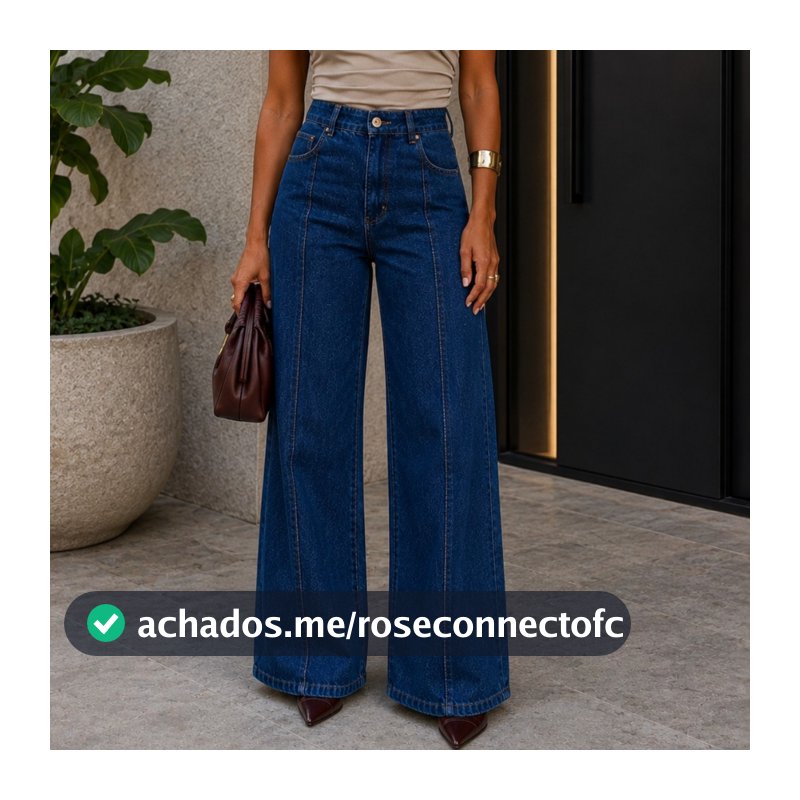 Calça Wide Leg Feminina Jeans 100% Algodão Azul Escuro Cós Alto Modeladora Estilo Gringa Moderna Casual Chic Premium