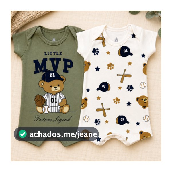 Kit 2 Macacão Romper Bebê Menino Verão 100% Algodão Banho de Sol Manga Curta RN,P,M,G,GG Ursinho Beisebol