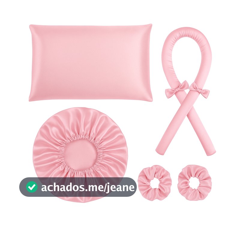 kit cetim anti frizz touca cetim + modelador sem calor curling rod + fronha