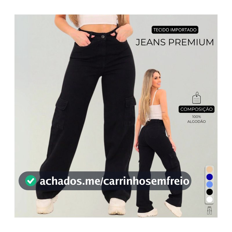 Calça Cargo Feminina Preta Jeans Original  Wide Leg Cintura Alta 34 Ao 44 + 5 Cores