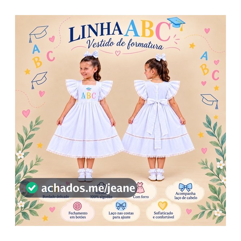 Vestido branco luxo infantil formatura ABC bordado vestido algodão + laço de cabelo roupa festa formatura menina