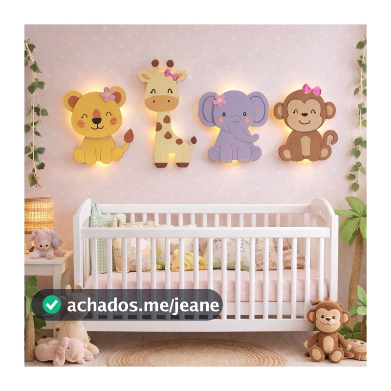 Kit decorativo Safari Iluminado menina bichinhos com lacinho leoa, girafa, macaco e elefante (4 peças)