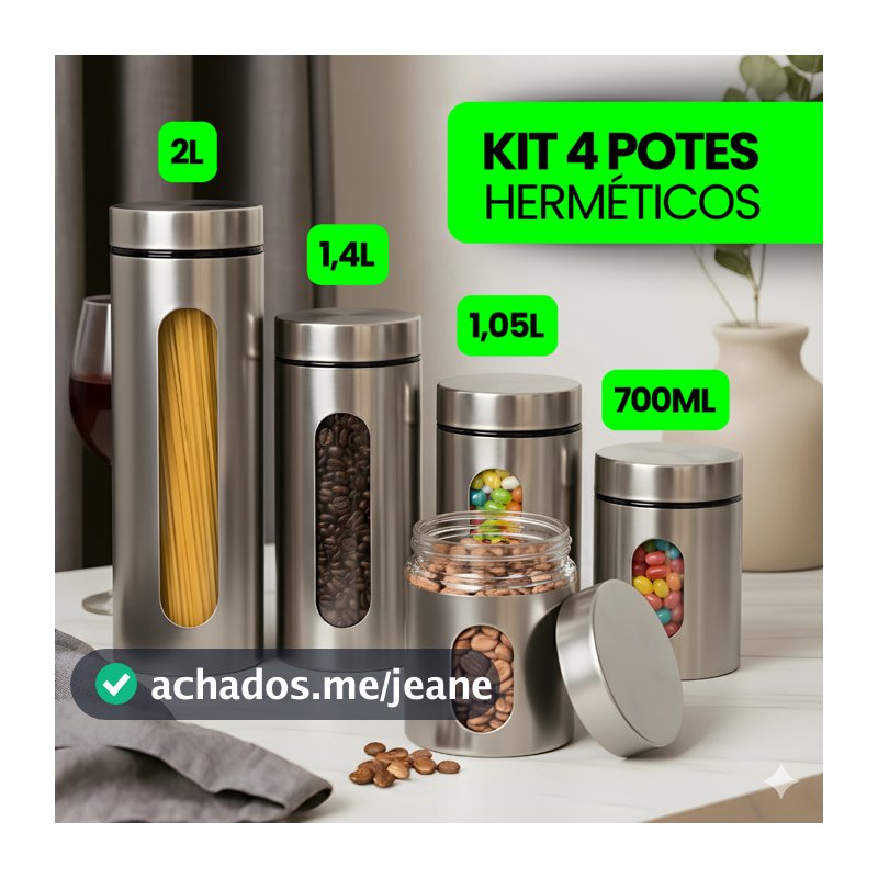 Kit 4 Potes Mantimento Condimento Conserva Vidro Inox e Preto l Com Visor