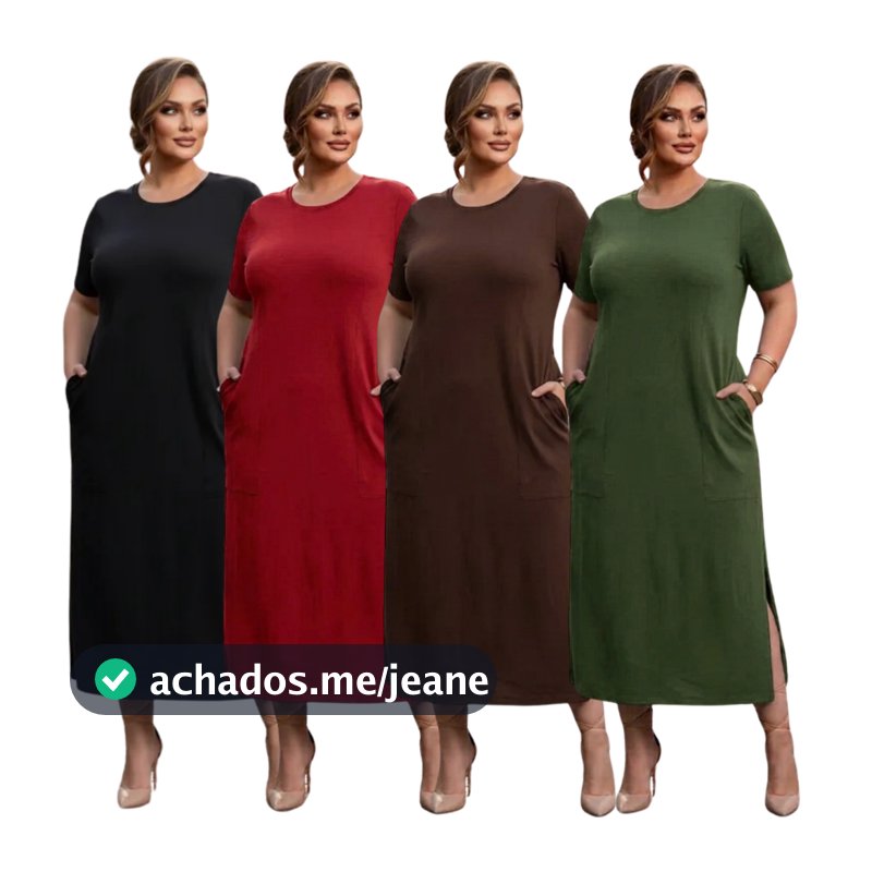 Vestido Feminino Midi Plus Size Longo Com Bolso Elegante