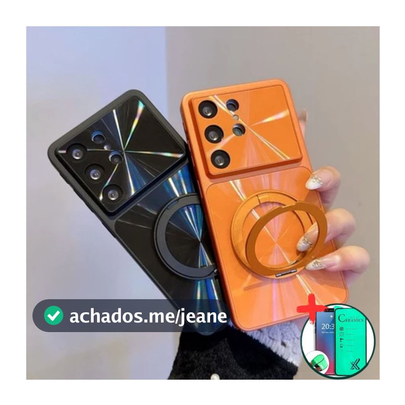 Capinha Magnética Magsafe S24 Ultra S25 Ultra S26 Ultra Laranja Preta Anel 360° + Película Protetora