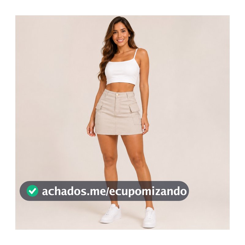 Saia Cargo Bege Jeans Feminino Cintura Alta Bolso Lateral Com Lycra  Moda Verão 2026 Stillger