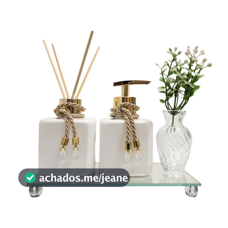 Kit Aromatizador Saboneteira Pet PLÁSTICO Branco 300ml Com Bandeja Espelhada e Mini Vaso Lavabo