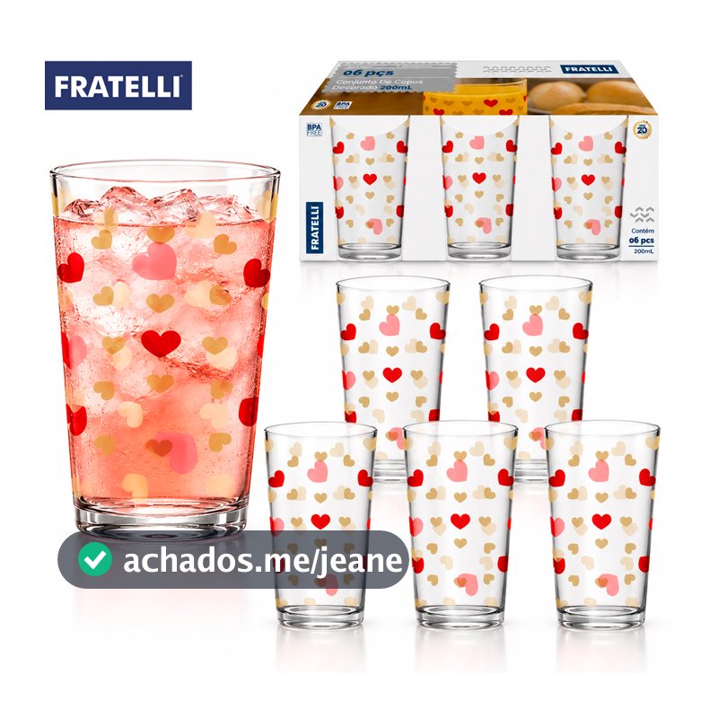 Conjunto Jogo de 6 Copos Estampado Fratelli Coração 200ml copo de vidro Mesa Posta Bebidas Drink