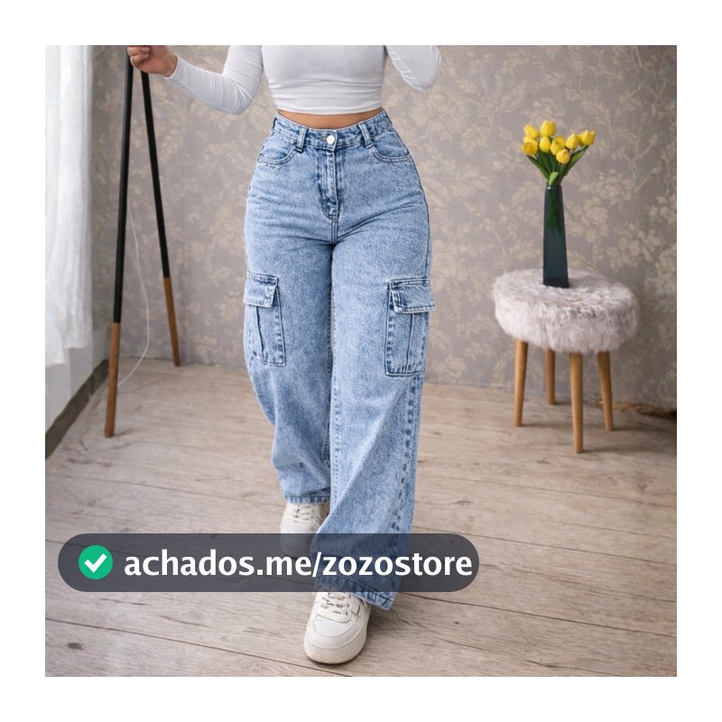Calça Wide Leg Jeans CARGO Feminina Cintura Alta Sem Lycra