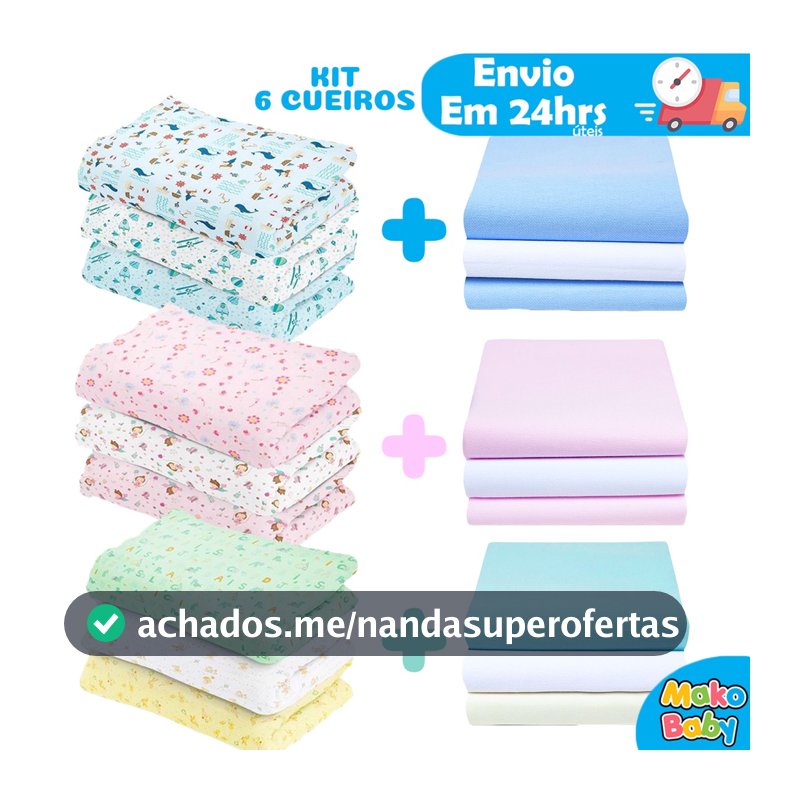Kit 6 Cueiro Bebê Flanelado Estampado e Liso 80cm x 50cm 100% algodão