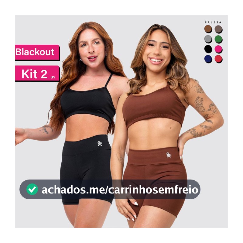 Kit 2 Conjunto Fitness Top Alça Short Legging Liso Meia Coxa Blackout Zero Transparência Academia