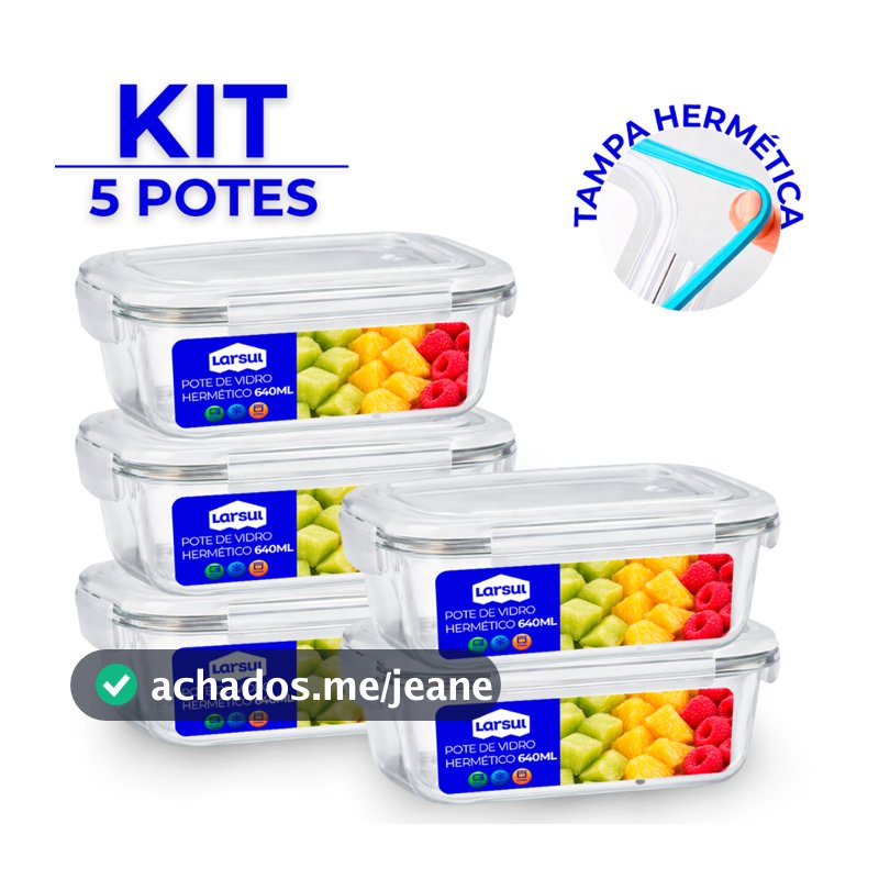 Conjunto 5 Potes Vidro Hermético Mantimentos Marmita 640ml