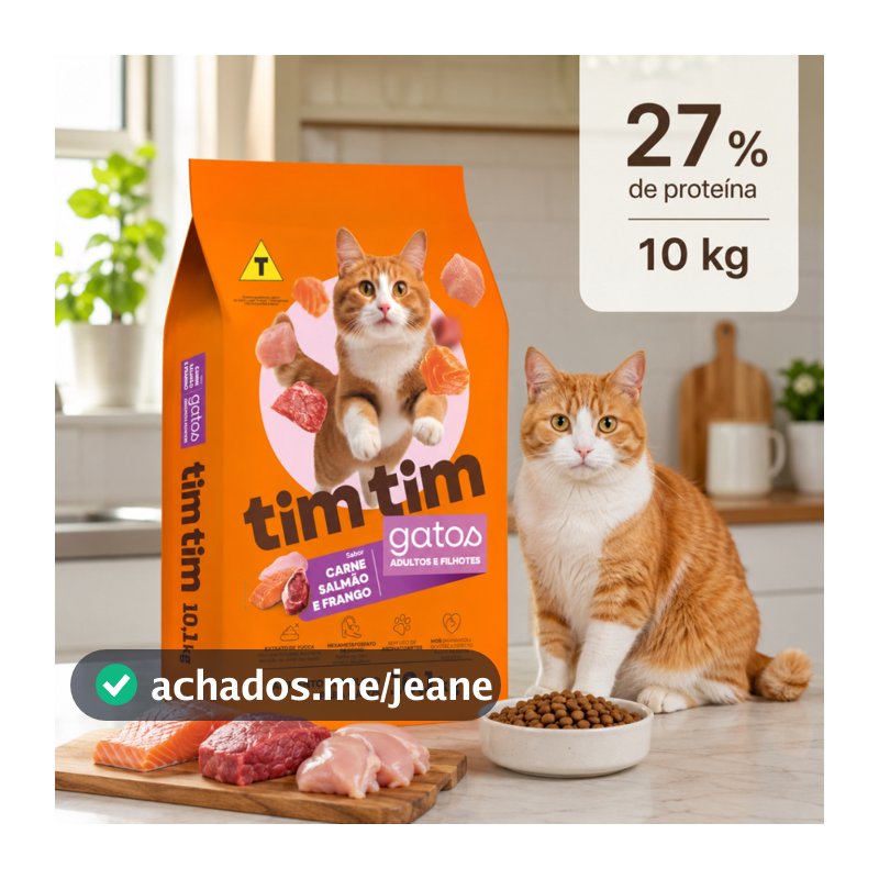 Ração para Gatos Filhotes e Adultos 27% Proteína Tim Tim Cat Sabor Carne Salmão e Frango 10 Kg