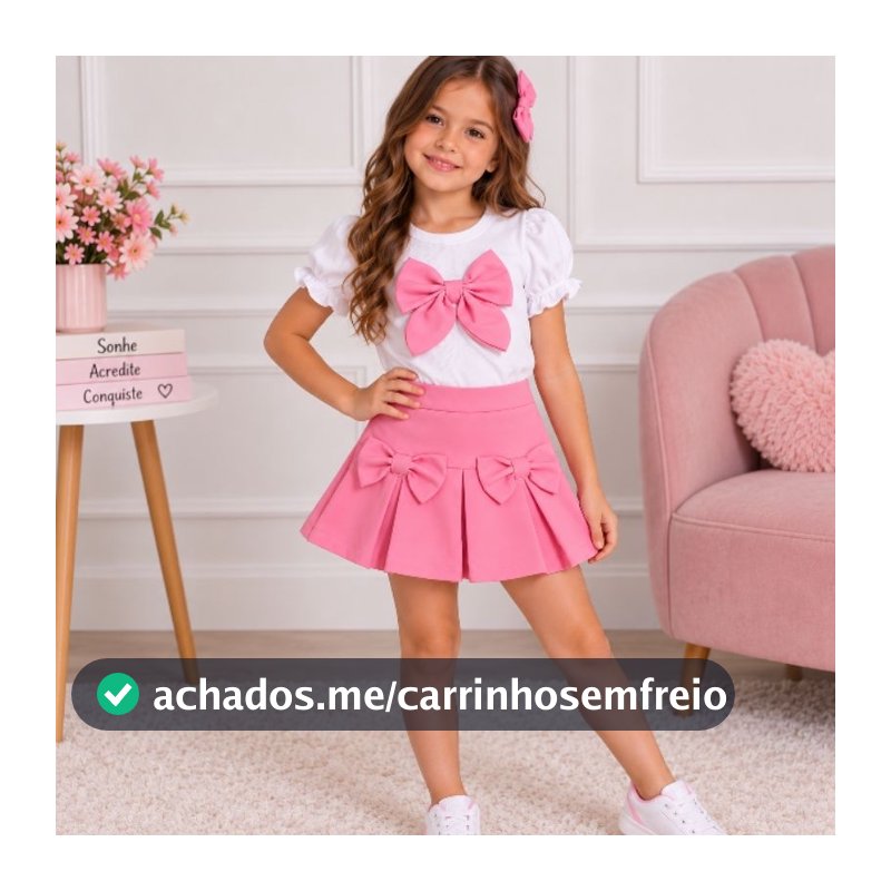 Conjunto Infantil Menina Blusa Ribana com Laço e Short Saia Alfaiataria