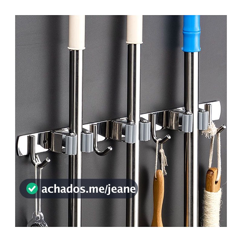 Suporte Inox Multiuso de Parede - Gancho para Vassoura, Rodo e Pá, Organize sua Cozinha!