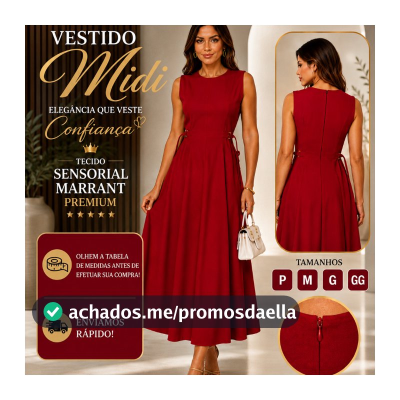 Vestido Feminino Midi Tecido Sensorial Marrant Premium  Zíper Invisível nas Costas Tamanho M , G ,GG