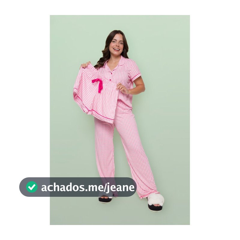 Pijama Americano Blogueirinha Kit 3 Peças Blusa Shorts Calça Xadrez Rosa
