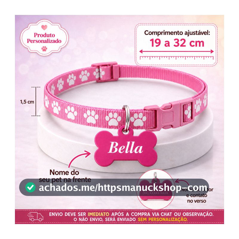Coleira Pet Personalizada para Cachorro Gato Macho Fêmea – Com Nome Gravado