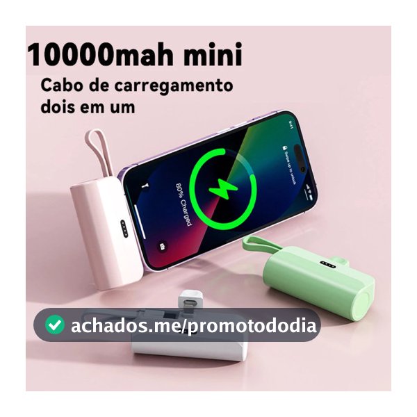 Carregador Portátil Mini Power Bank 10000mAh Com 02 Saídas Tipo-C / Lightning