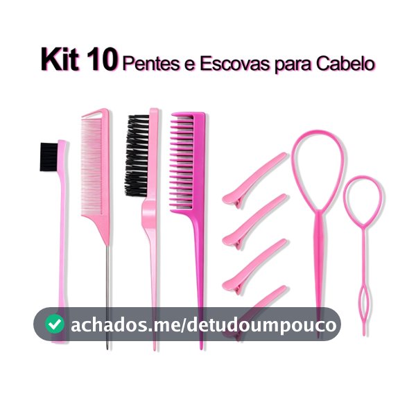 Kit 10 Pcs Pentes e Ferramentas para Penteados, Escovas + Clipe Bico de Pato + Ferramenta de Trança