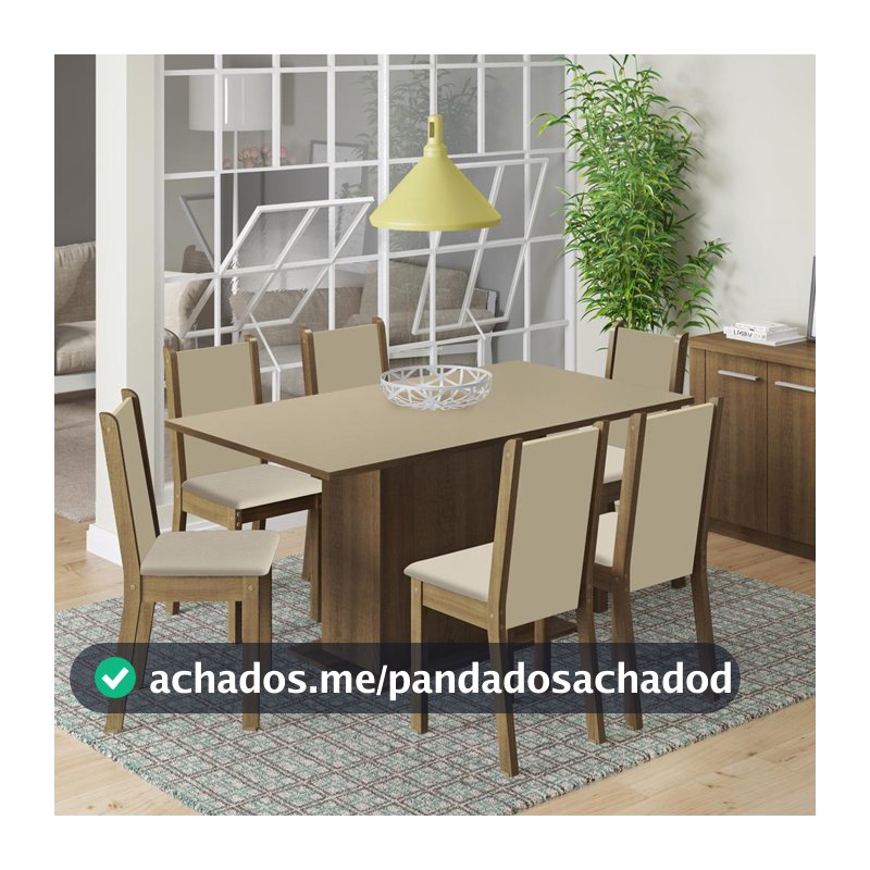 Conjunto Sala de Jantar Madesa Ohana Mesa Tampo de Madeira com 6 Cadeiras - Rustic/Crema/Pérola