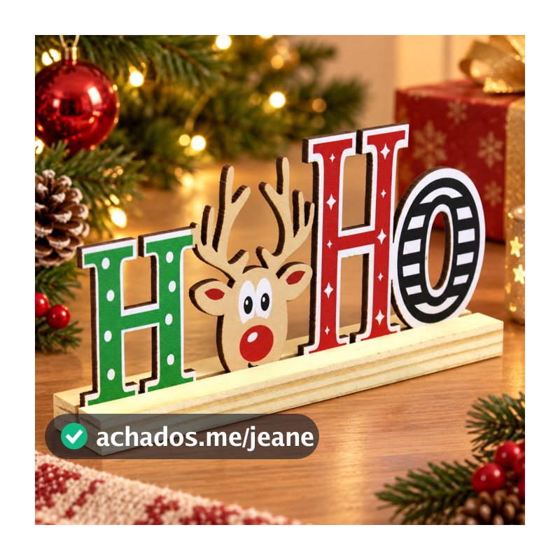 Decoração Natalina de Mesa MDF Rena Ho Ho Ho Enfeite Decorativo de Natal com Base de Pinus 18x9 cm