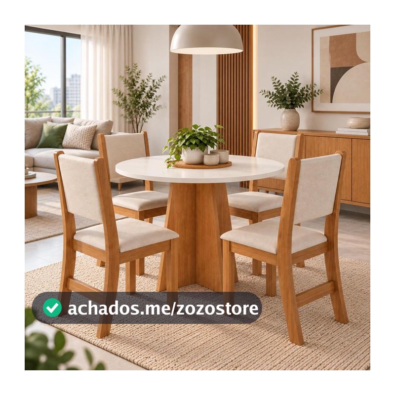 Conjunto Mesa de Jantar Redonda Slin Mel 4 Cadeiras Sol Linho Bege