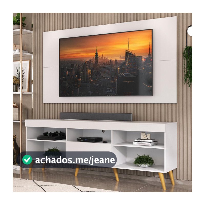 Rack com Painel TV 50" 55" 60" 65" Retrô Flórida Up Multimóveis MP1042 Branco/Natural