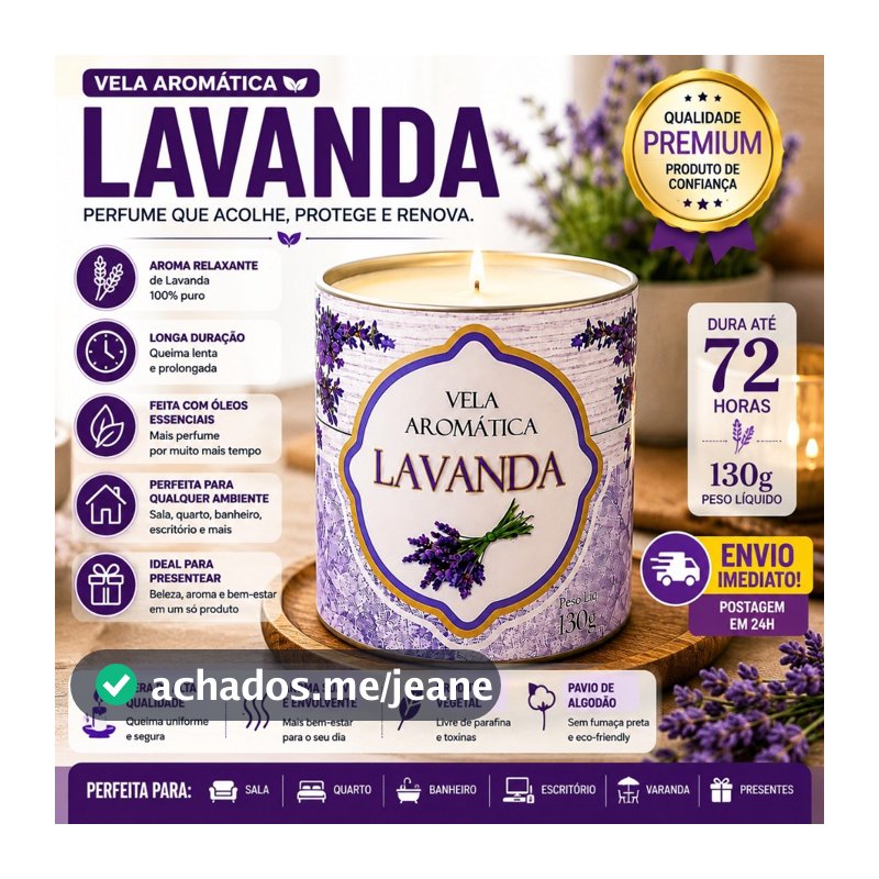 Vela Aromática Lavanda 130g Até 72h Perfumada Decorativa Premium