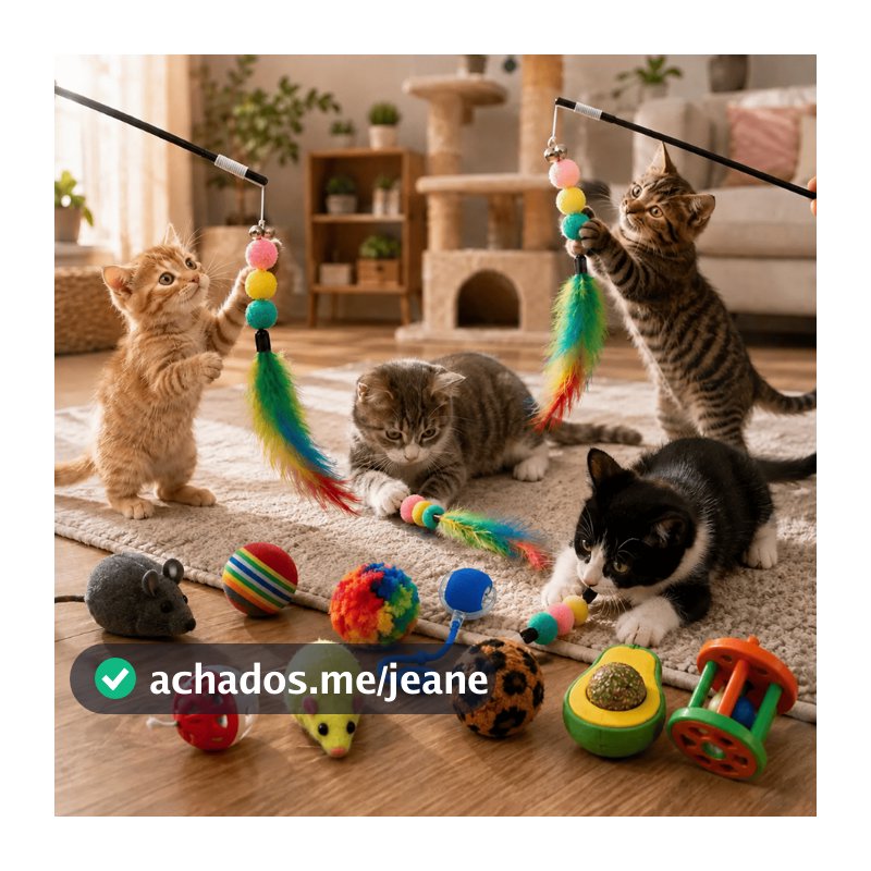 KIT Até 6 Brinquedos Para Gato, Brinquedo Interativo Inteligente Gato Pet, Com Catnip e Varinha Pena