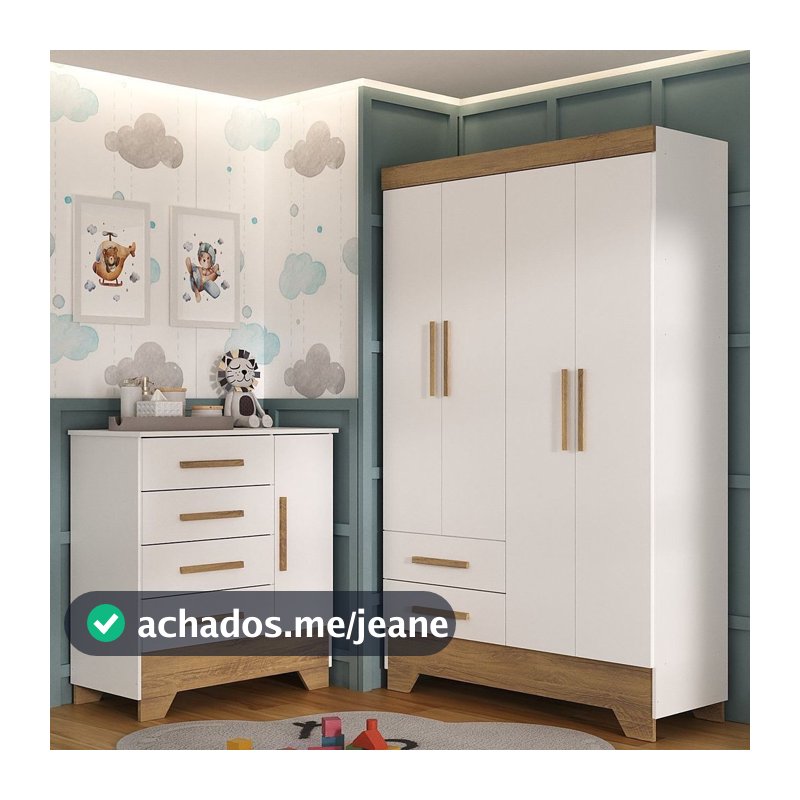 Quarto Infantil Completo Guarda Roupa 4 Portas 2 Gavetas com Cômoda Liz Espresso Móveis Branco/Fosco/Nature Branco