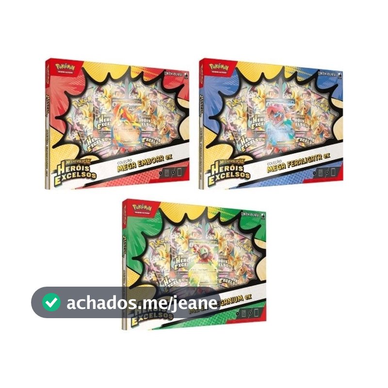 Pokémon TCG Box Coleção Mega Emboar ex / Mega Feraligatr ex / Mega Meganium ex | Heróis Excelsos | Português BR