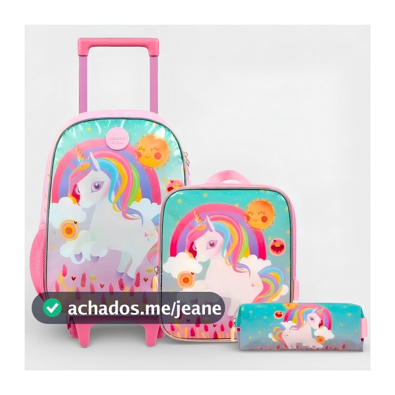 Kit Escolar Mochila c/ Rodinha Lancheira Estojo Alças Removíveis Infantil Bagaggio Unicórnio