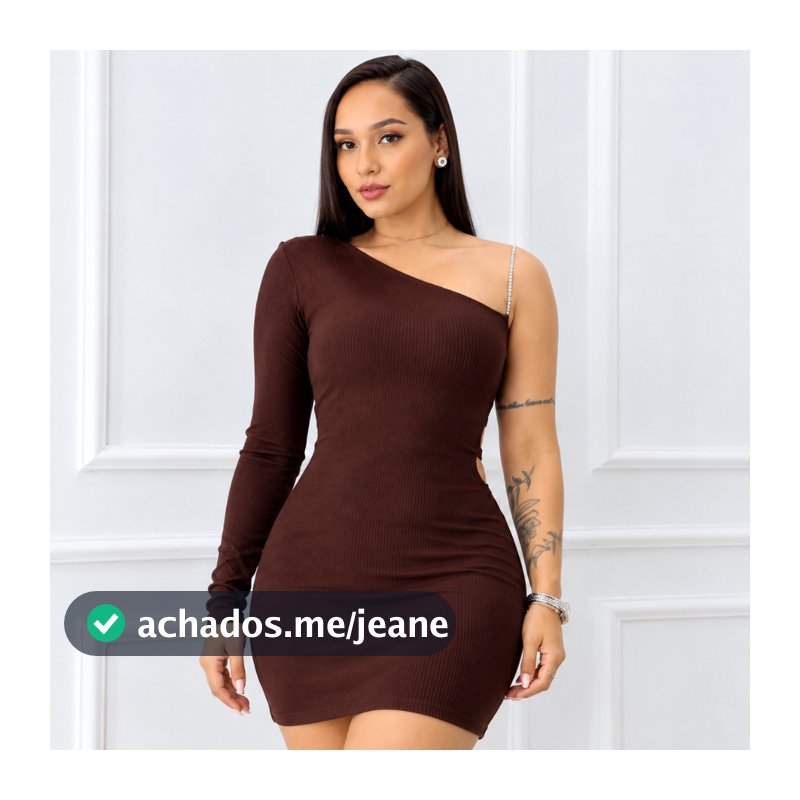 Vestido Feminino Curto Marrom Justo Tubinho Manga Longa Um Ombro Só Decote Assimétrico Costas Aberta