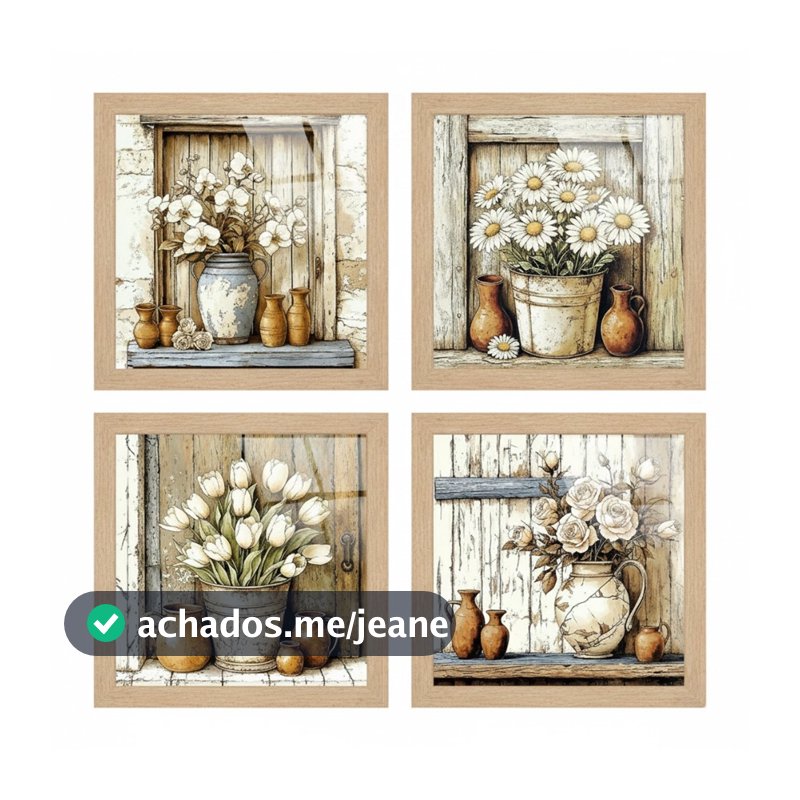 Kit 4 quadros 18x18 cm, banheiro, varanda, flores vaso, wood