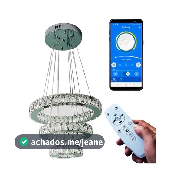 Lustre Pendente Cristal Led 3 Anéis Controle Remoto Aplicativo Bluetooth