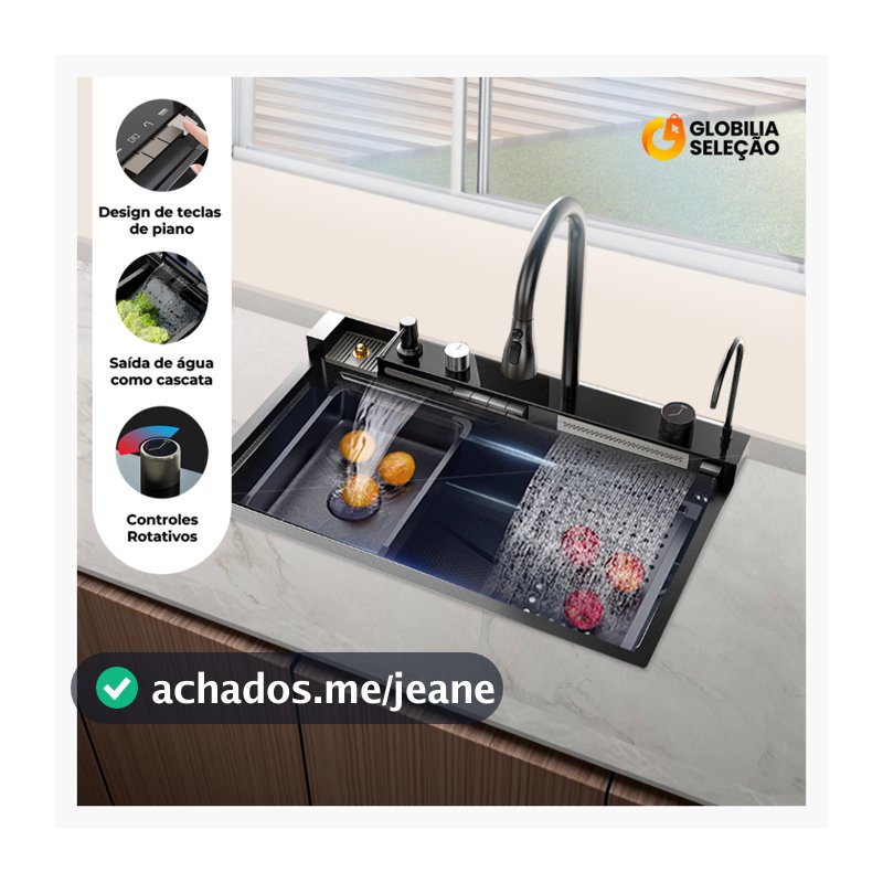 Cuba Cascata Pia Com Torneira Lavador De Copos Completa Acessórios Aço Inox 304 Cozinha Gourmet Cor Preto 7545cm