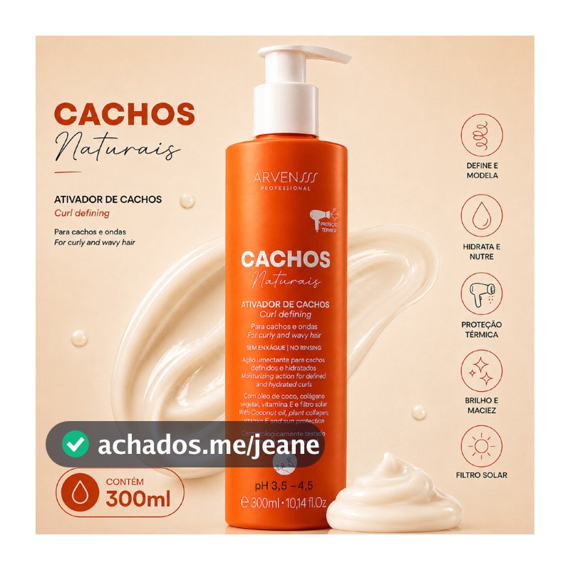 Ativador de Cachos Ondulados e Cacheados ARVENSIS 300ml Anti Frizz Protetor Térmico Creme Cabelo Cacheado Arvensis