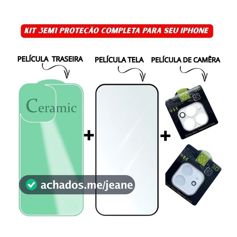 Kit 3em1 Película Traseira + Película Câmera Transparente + Película Vidro 3D Temperado iPhone 11 12 13 14 15 16 Pro Max