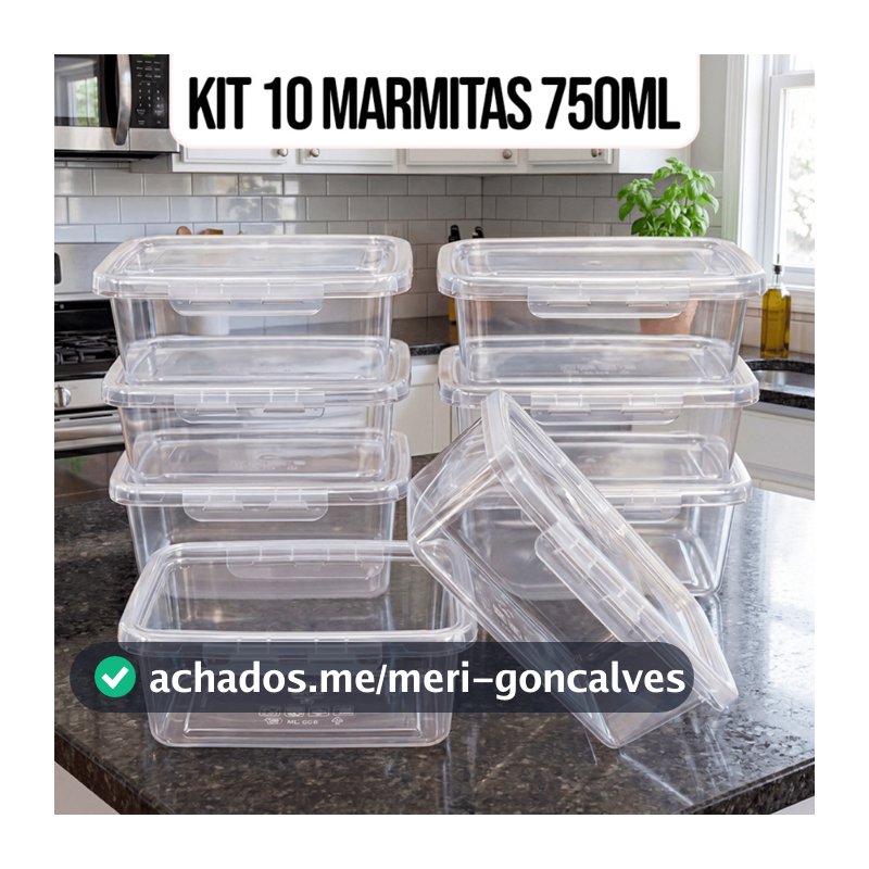 Kit 10 Marmitas Potes 750ml Travas Laterais hermeticas - Livres de BPA Alimentos organiza congelador - KAZIVA