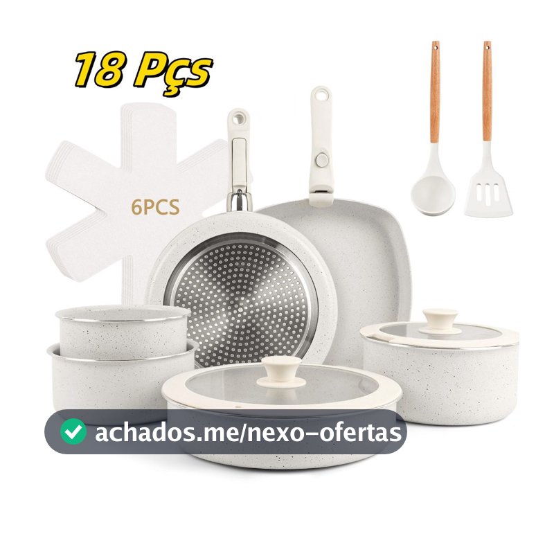 Jogo de Panelas de 18 Peças com Fundo Triplo Cerâmico, para Indução e Gás, com Cabo Removível